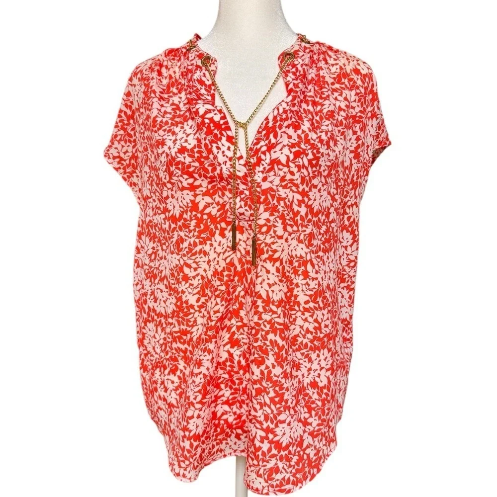 Michael Michael Kors Red White Floral Blouse Chain Tie Neck Top Size M